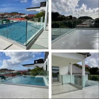 حاجز زجاجي على شكل حرف U مع إضاءة LED ملونة مع زجاج مصفح بسماكة 8-16 مم وضمان لأكثر من 5 سنوات