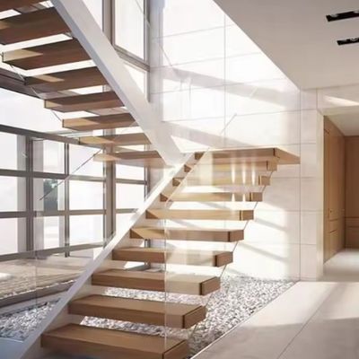 تصميم الفيلا السلالم العائمة السلالم الفولاذية غير المرئية مع الحاجز الزجاجي الخشبي