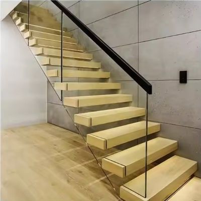 تصميم الفيلا السلالم العائمة السلالم الفولاذية غير المرئية مع الحاجز الزجاجي الخشبي